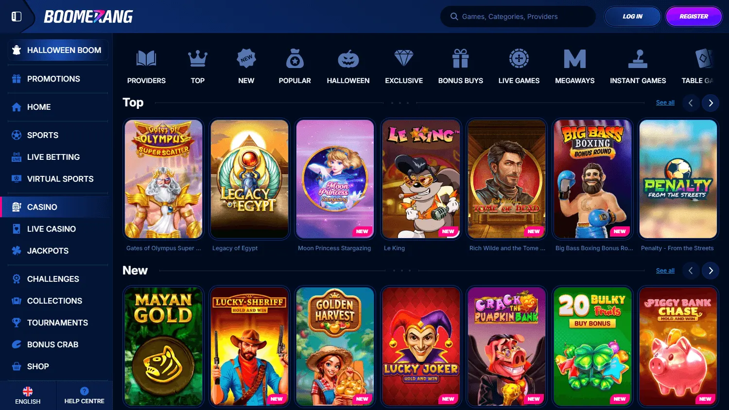 Boomerang Bet Casino games page on desktop