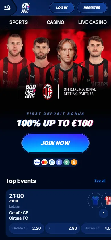 Boomerang Bet Casino home page on a mobile device