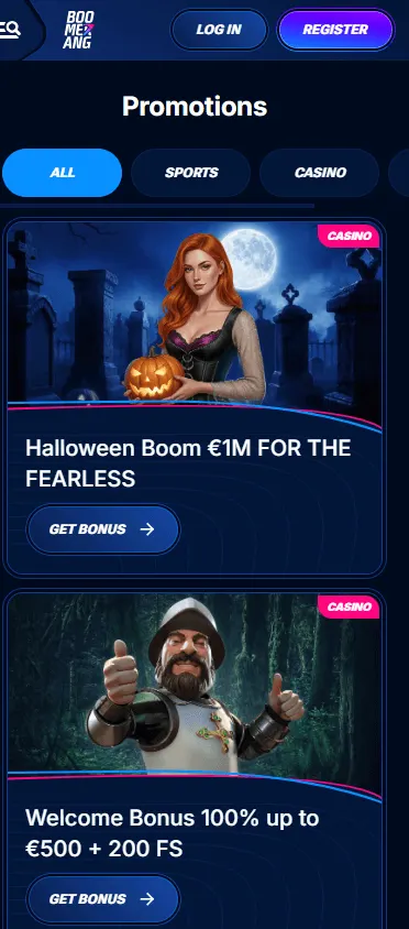 Boomerang Bet Casino promotions page on a mobile device