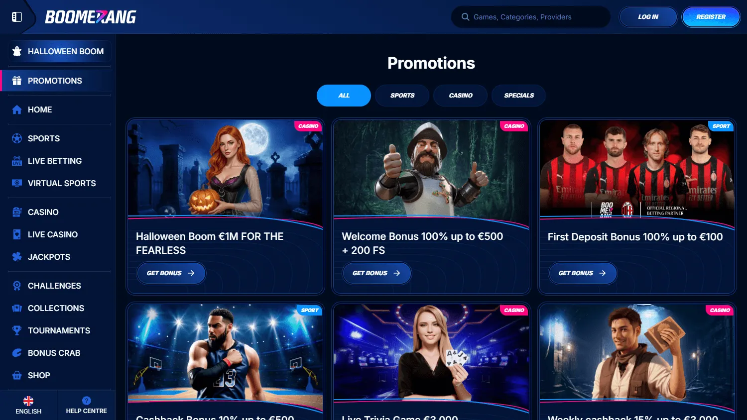 Boomerang Bet Casino promotions page on desktop