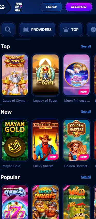 Boomerang Bet Casino games page on a mobile device