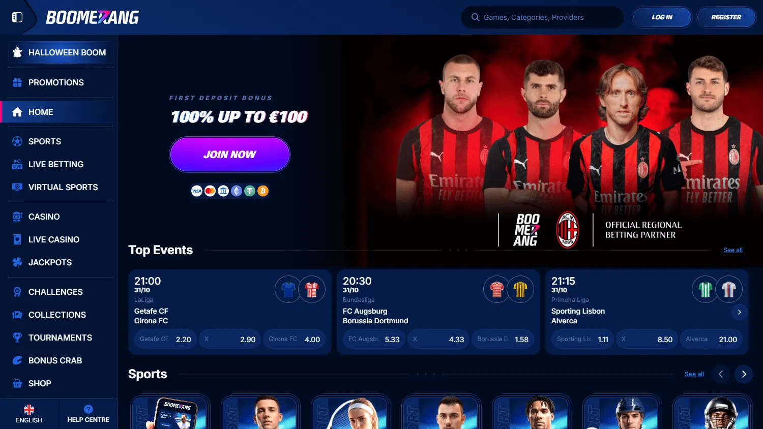 Boomerang Bet Casino home page on desktop